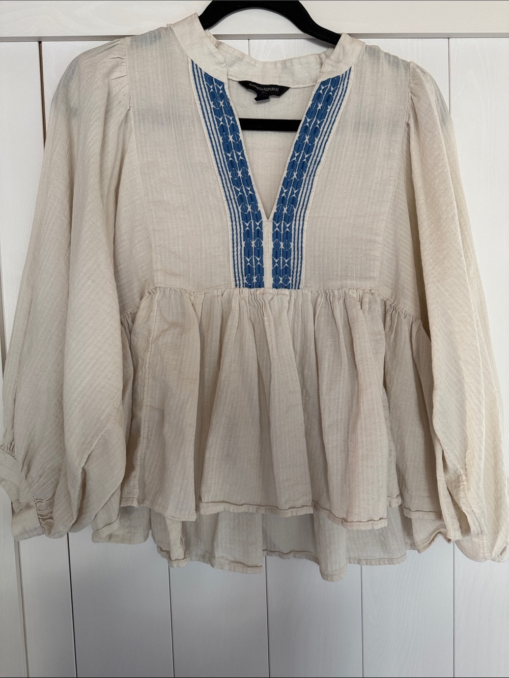 Banana Republic Cream Peasant Tunic with Blue Embroidered Neck